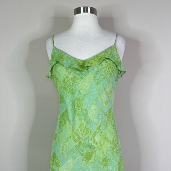 Vintage Y2K Dress-U Green Floral Slip Dress Ruffle Hem Bias Cut Spaghetti Strap - Picture 3 of 10